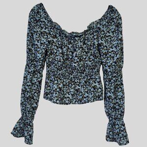 Prairie Style Floral Blouse 🌿 Dainty Blue Flowers, Cinched Waist, Romantic Vibe